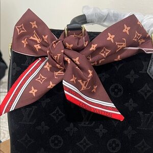 LvBrown Monogram Silk Scarf with Red Trim